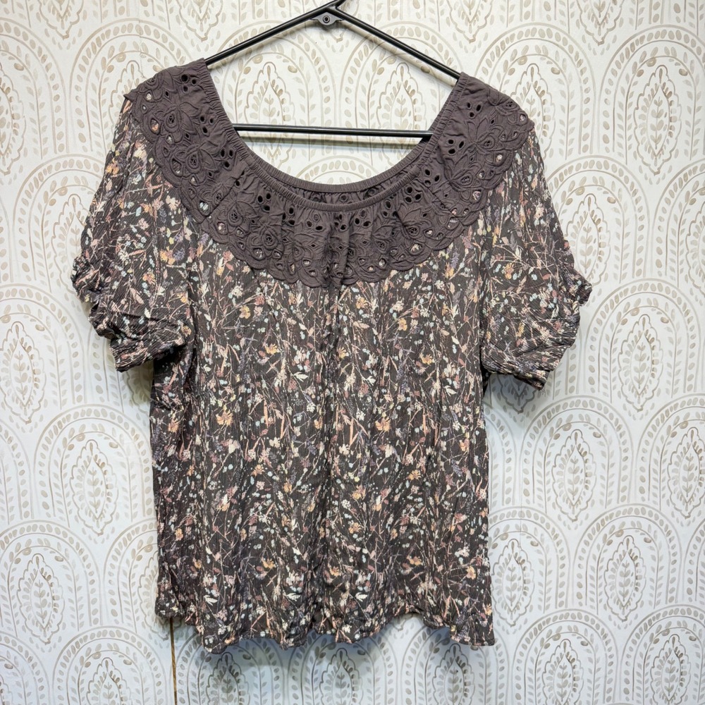 Maurices Blouse Womens XL Brown Floral Eyelet Lace Collar Rayon Boho Top